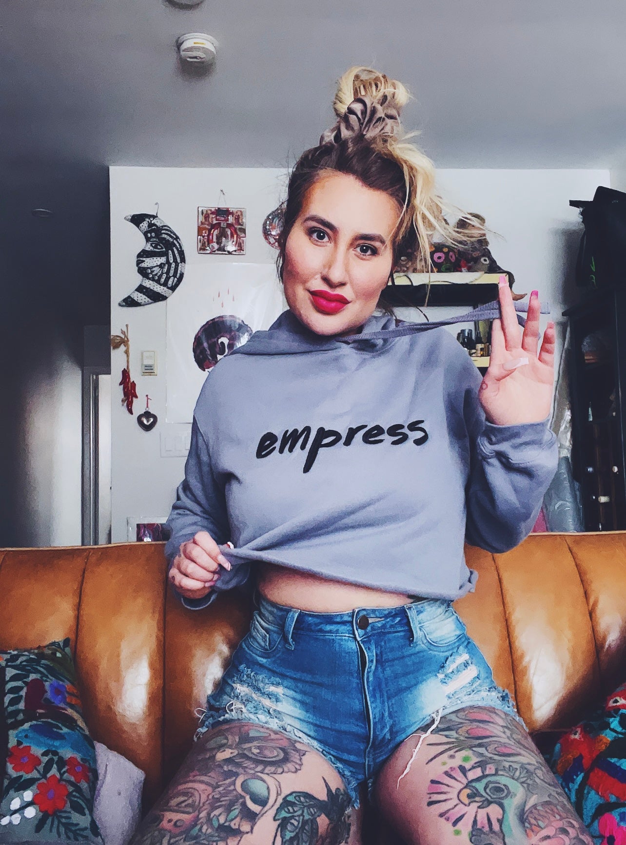 Empress Stone Grey Embroidered Crop Hoodie Large Text