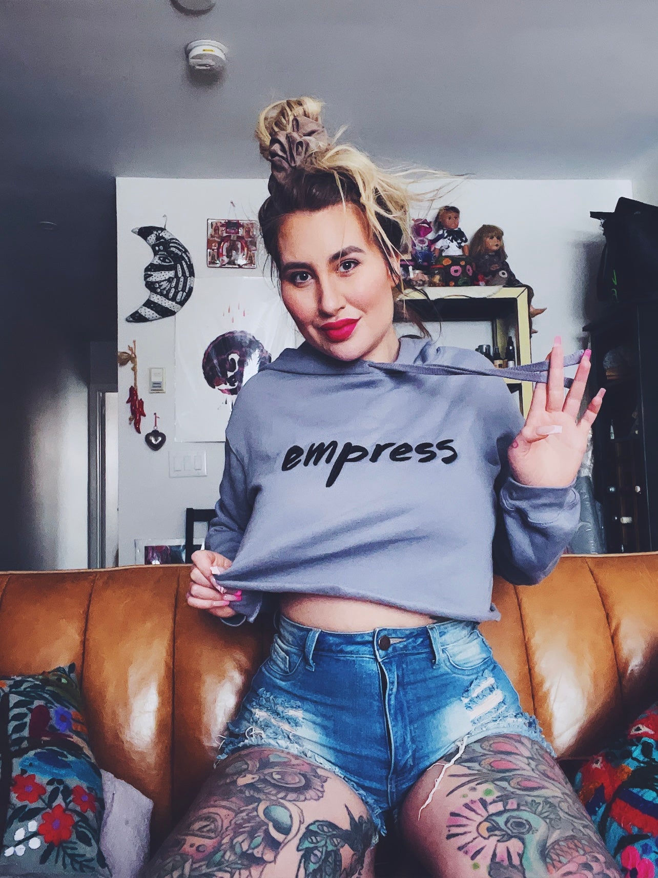 Empress Stone Grey Embroidered Crop Hoodie Large Text