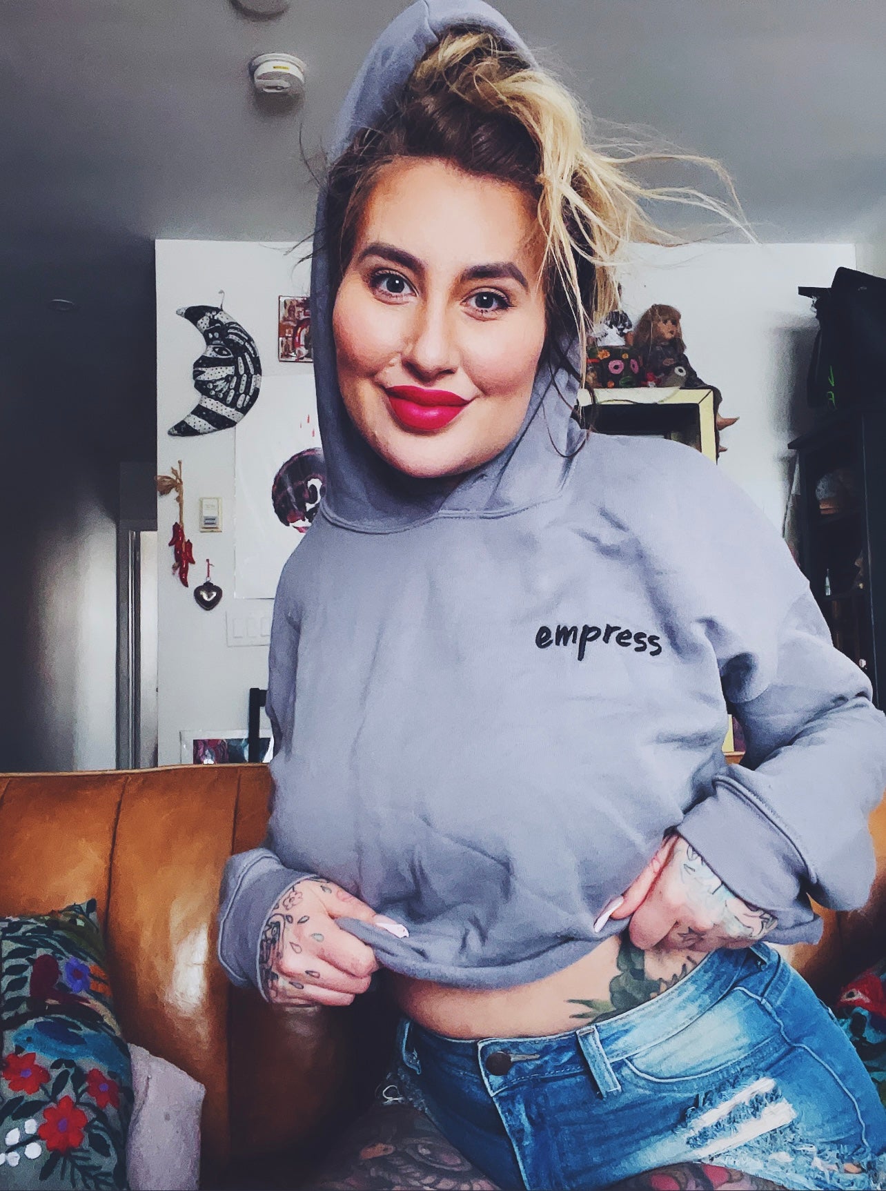 Empress Stone Grey Embroidered Crop Hoodie Small Text