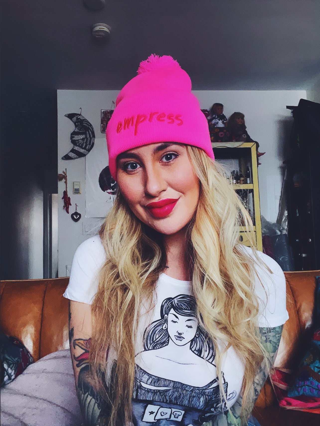 Hot Pink Empress Embroidered Knit Pom-Pom Hat