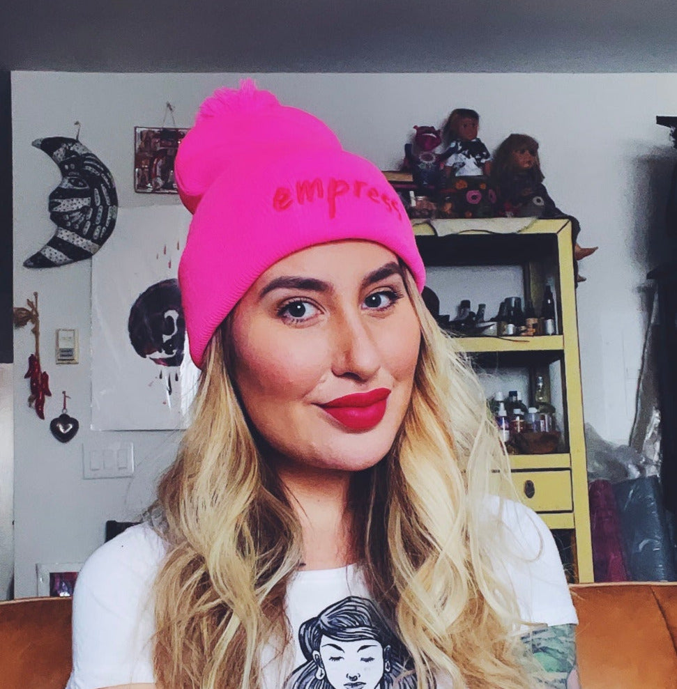 Hot Pink Empress Embroidered Knit Pom-Pom Hat